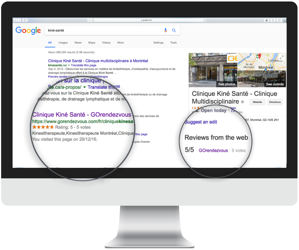 Un ordinateur affichant une recherche google avec la page du professionnel et les évaluations agrandies