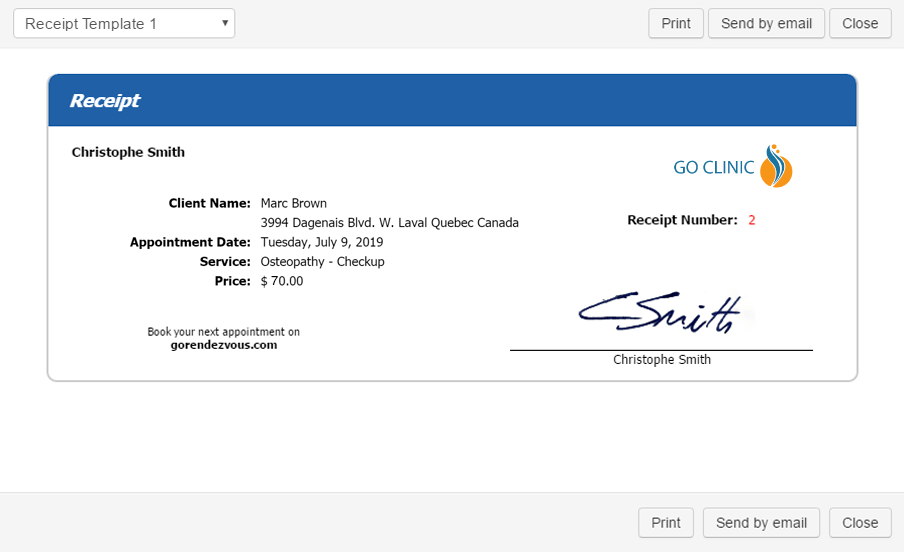 An electronic insurance receipt generated by a professional featuring a digital signature and company logo