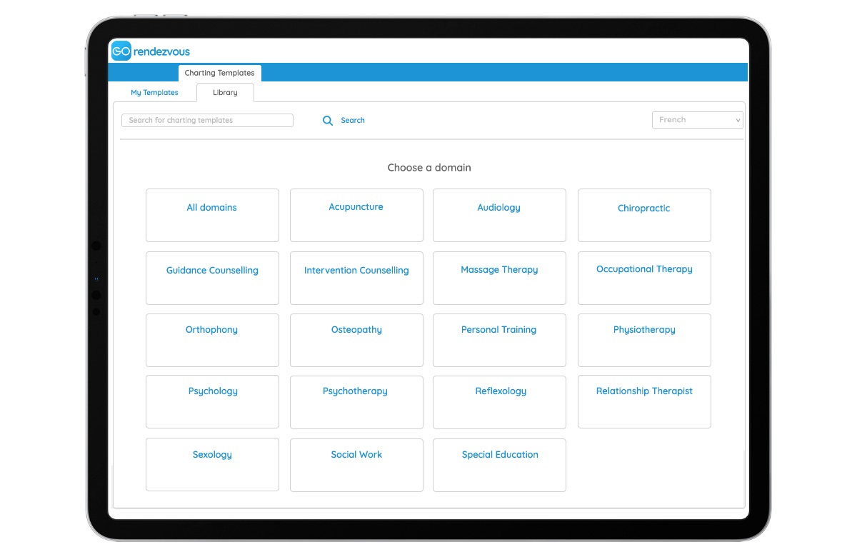 A view of GOrendezvous' charting template library, which has templates for a variety of professionals