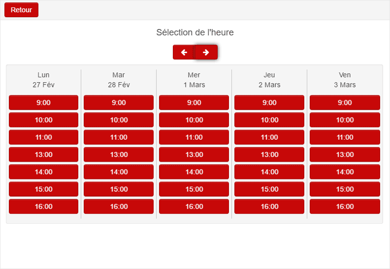 Un GIF d'une fenêtre de sélection de rendez-vous contenant des créneaux horaires disponibles qui disparaissent avec le temps