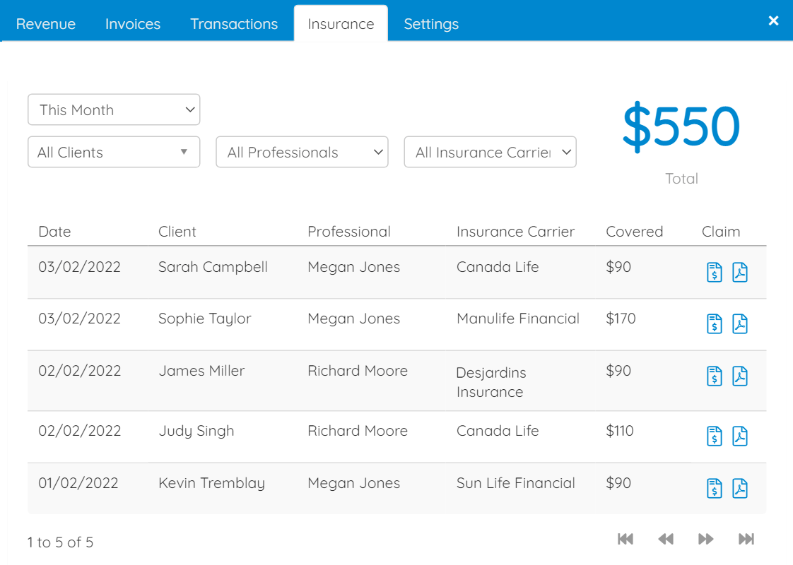 A list of the insurance claims that have been submitted in the past month