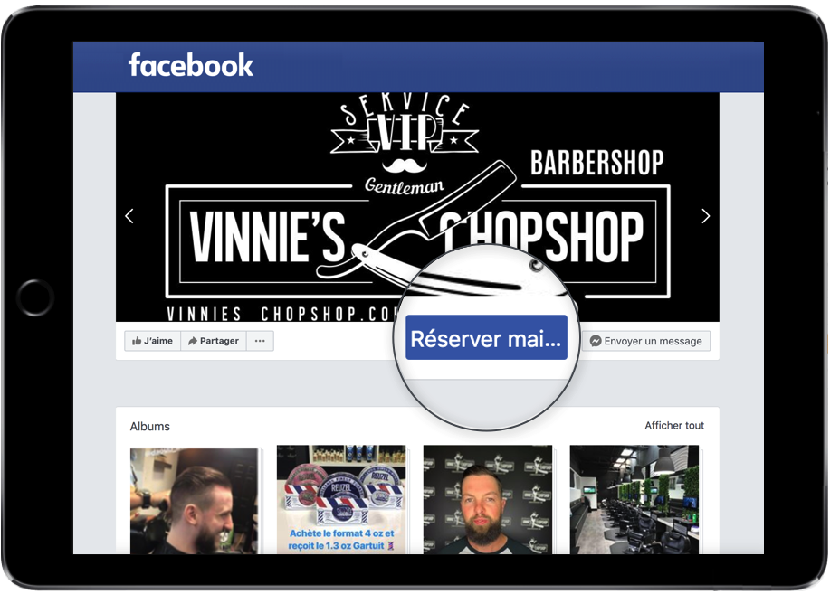 Un ipad montrant la page facebook de Vinnie's Chopshop où le bouton de réservation GOrendezvous est agrandi