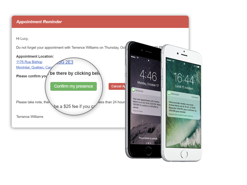 An appointment reminder in the client's prefered language as seen on a phone and a computer