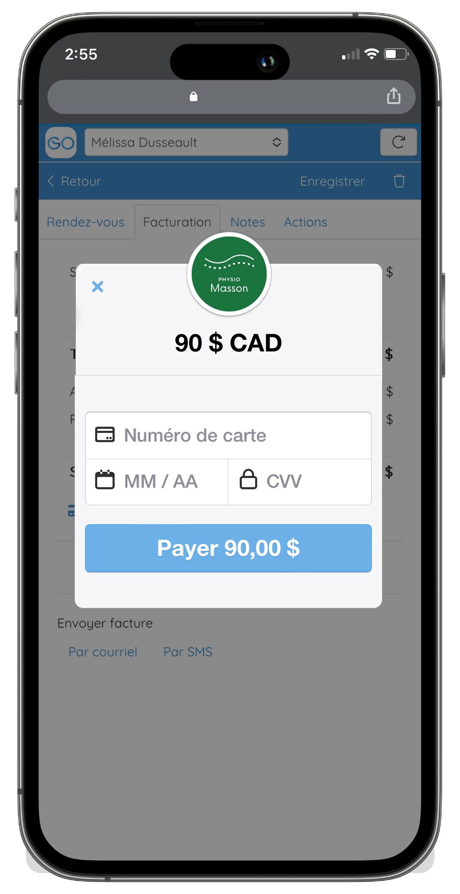 Téléphone affichant la fenêtre de paiement vue par un client