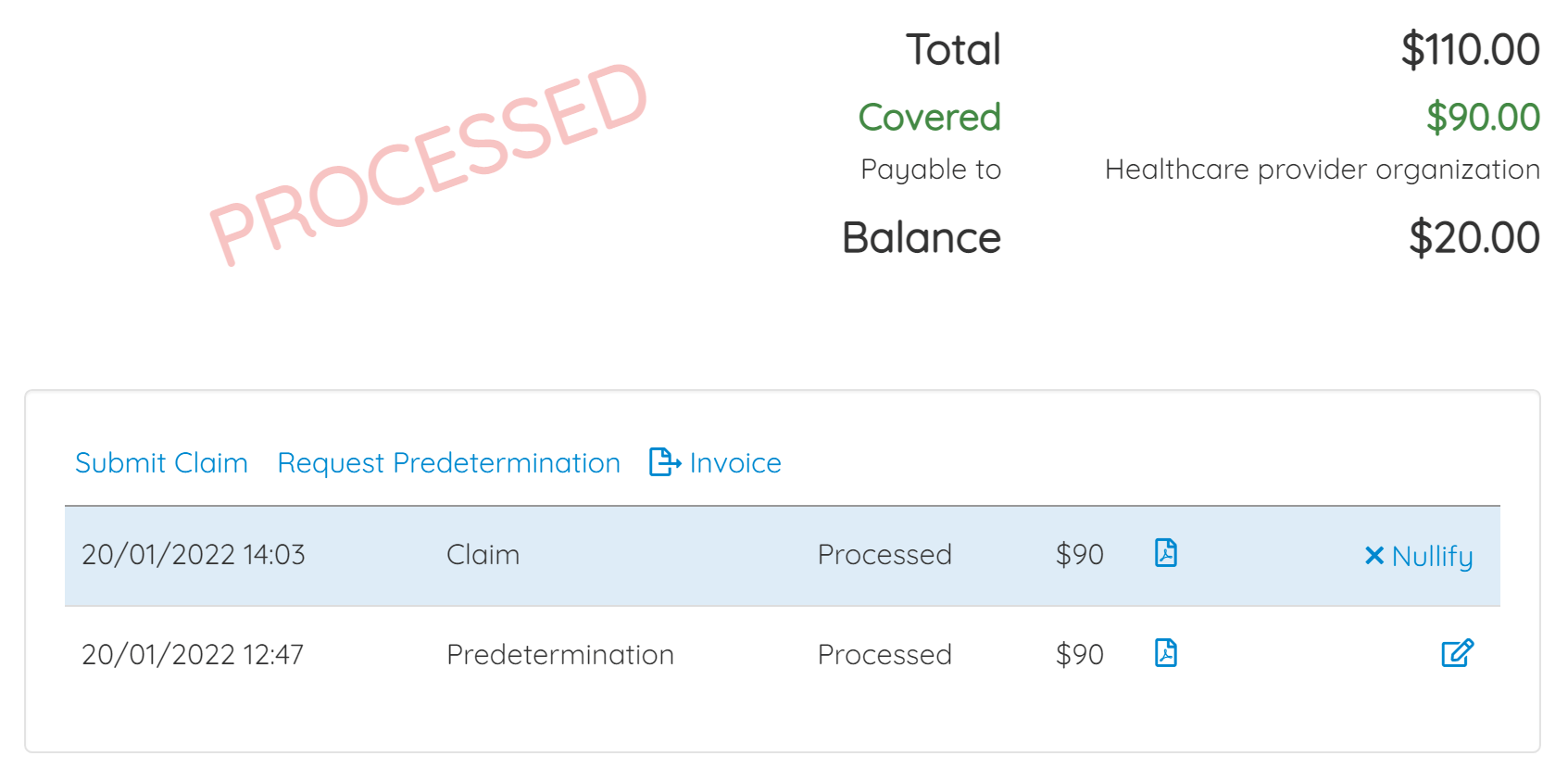 A processed claim showing that the insurers will cover $90 out of a total price of $110