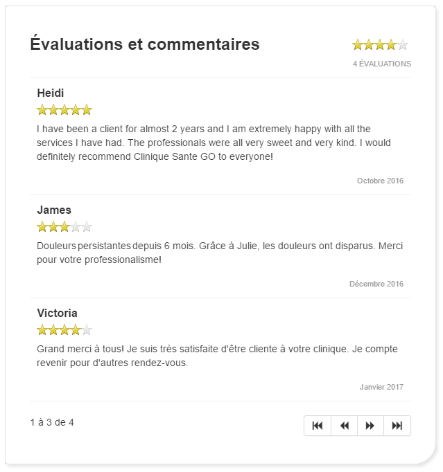 Les évaluations et commentaires laissés par des clients sur la page GOrendezvous d'un professionnel