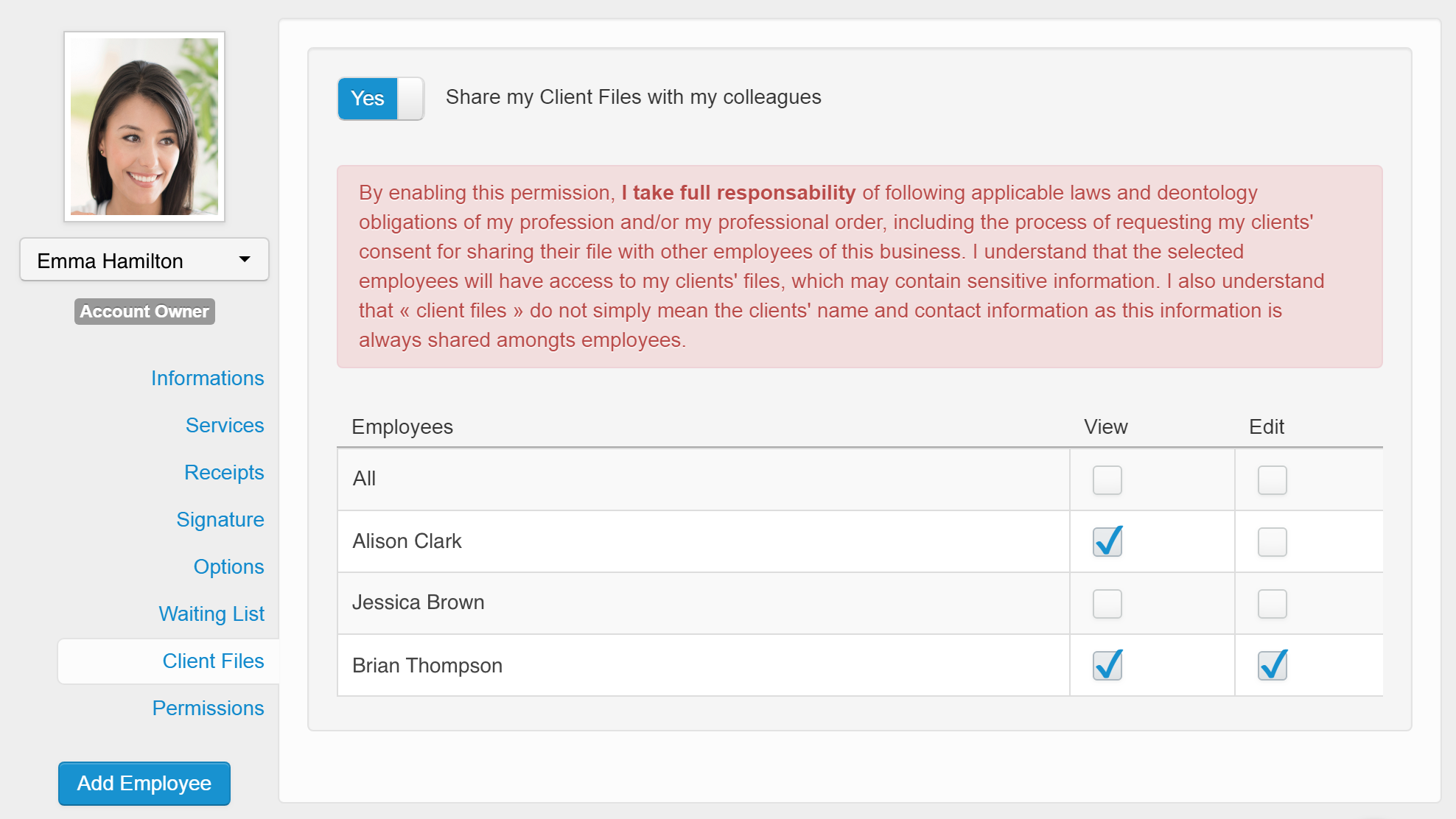 An employee's secure file sharing settings