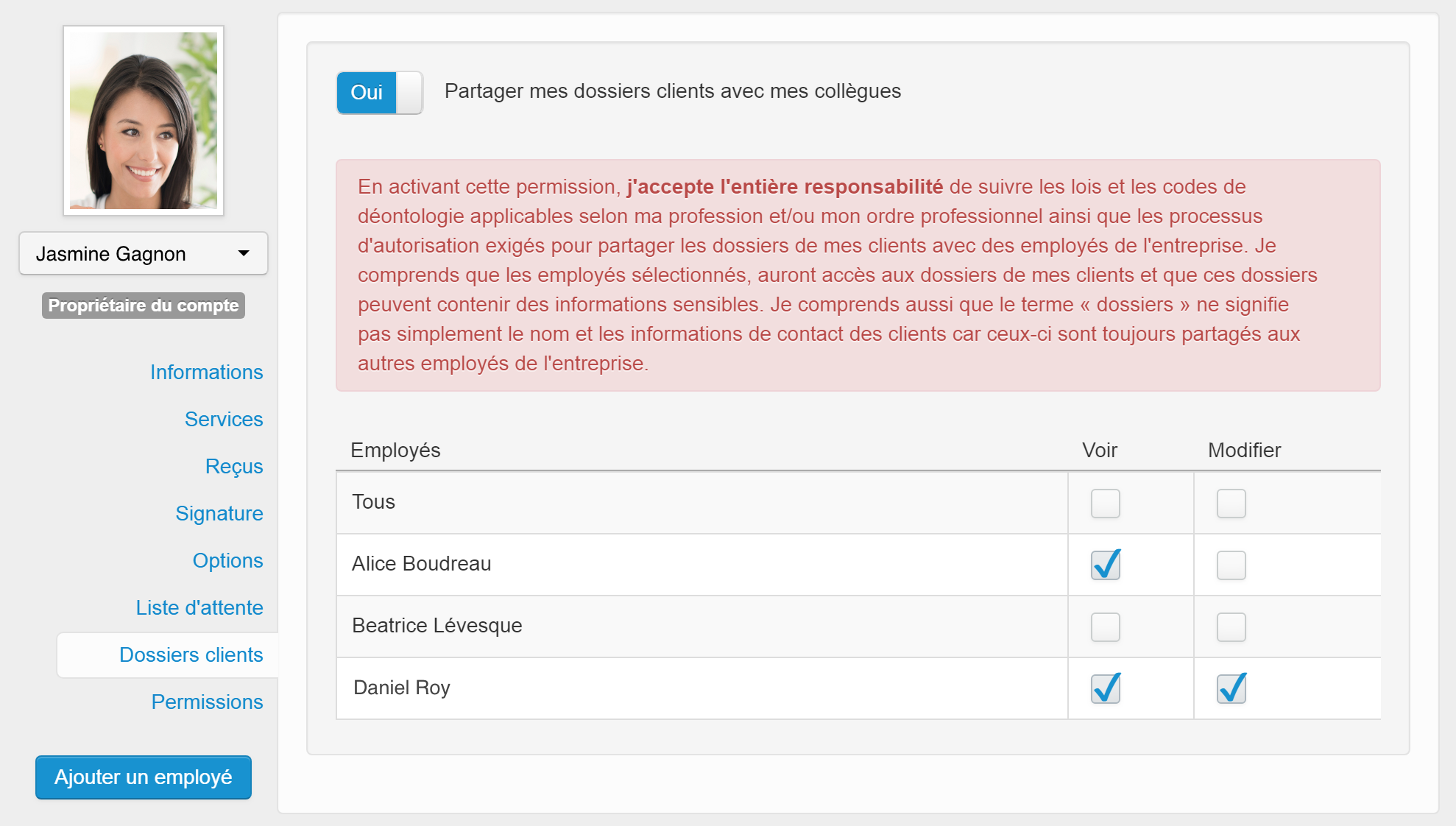 Paramètres de partage de fichiers d'un employé