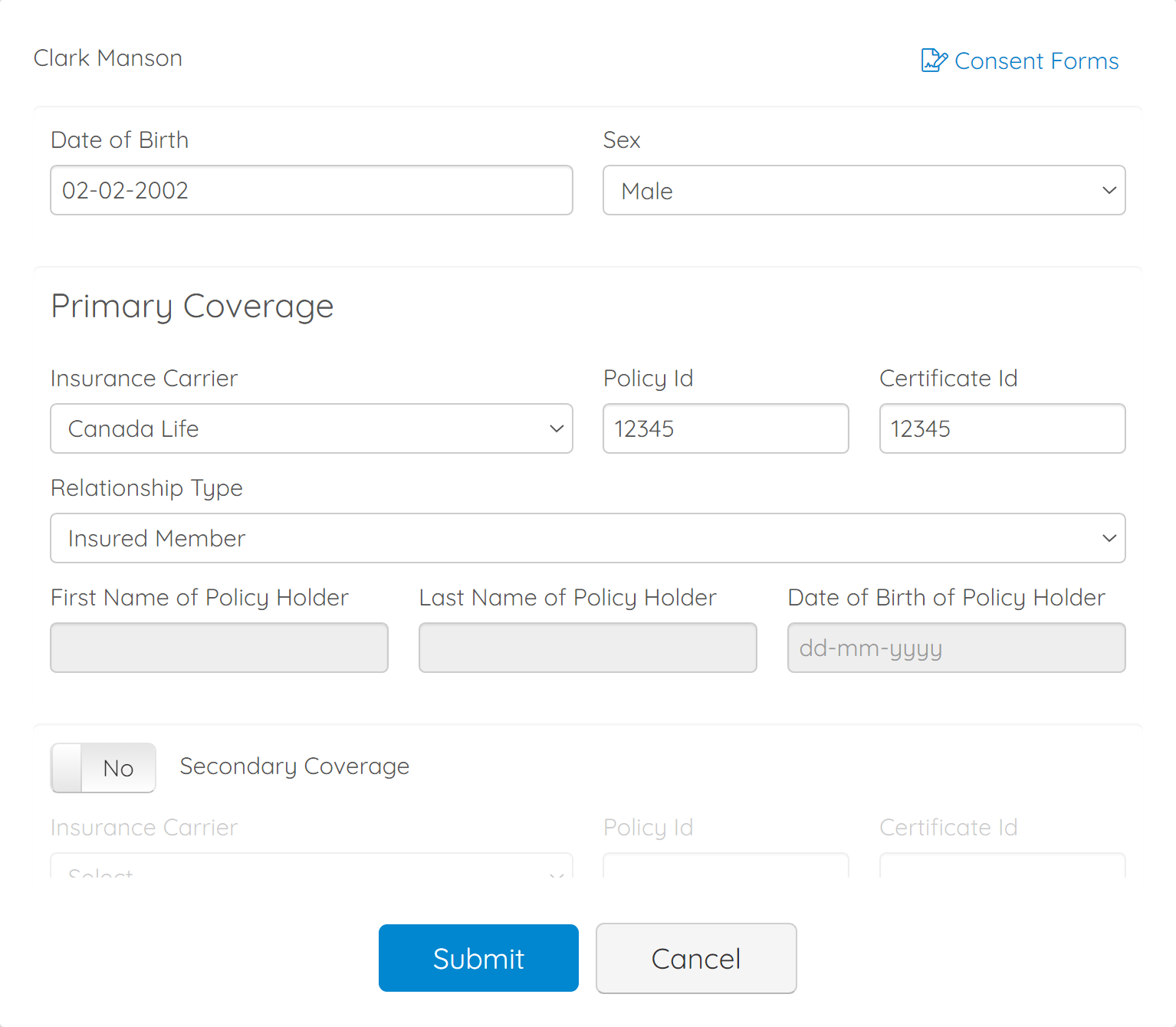 The window used to submit claims to TELUS from GOrendezvous