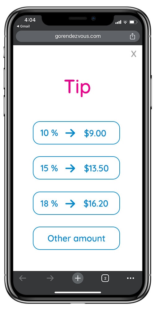 A GOrendezvous mobile page offering the client to add a tip to their previous appointment