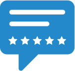 Icon of a blue square speach bubble containing white lines of text and five stars