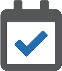 Icon of a grey calendar with a blue checkmark in the middle