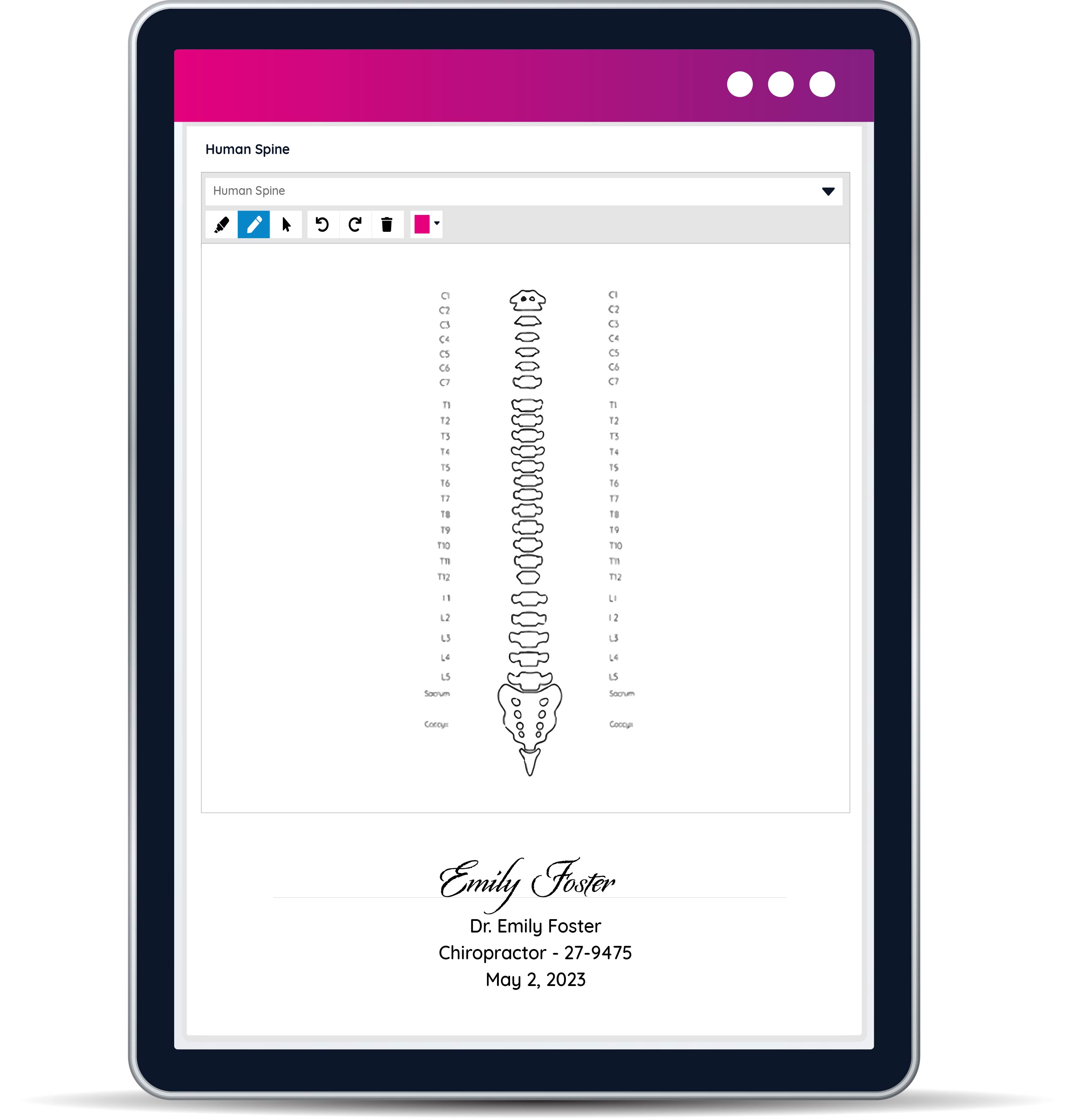 The empty charting file of a chiropractor using GOrendezvous on an ipad