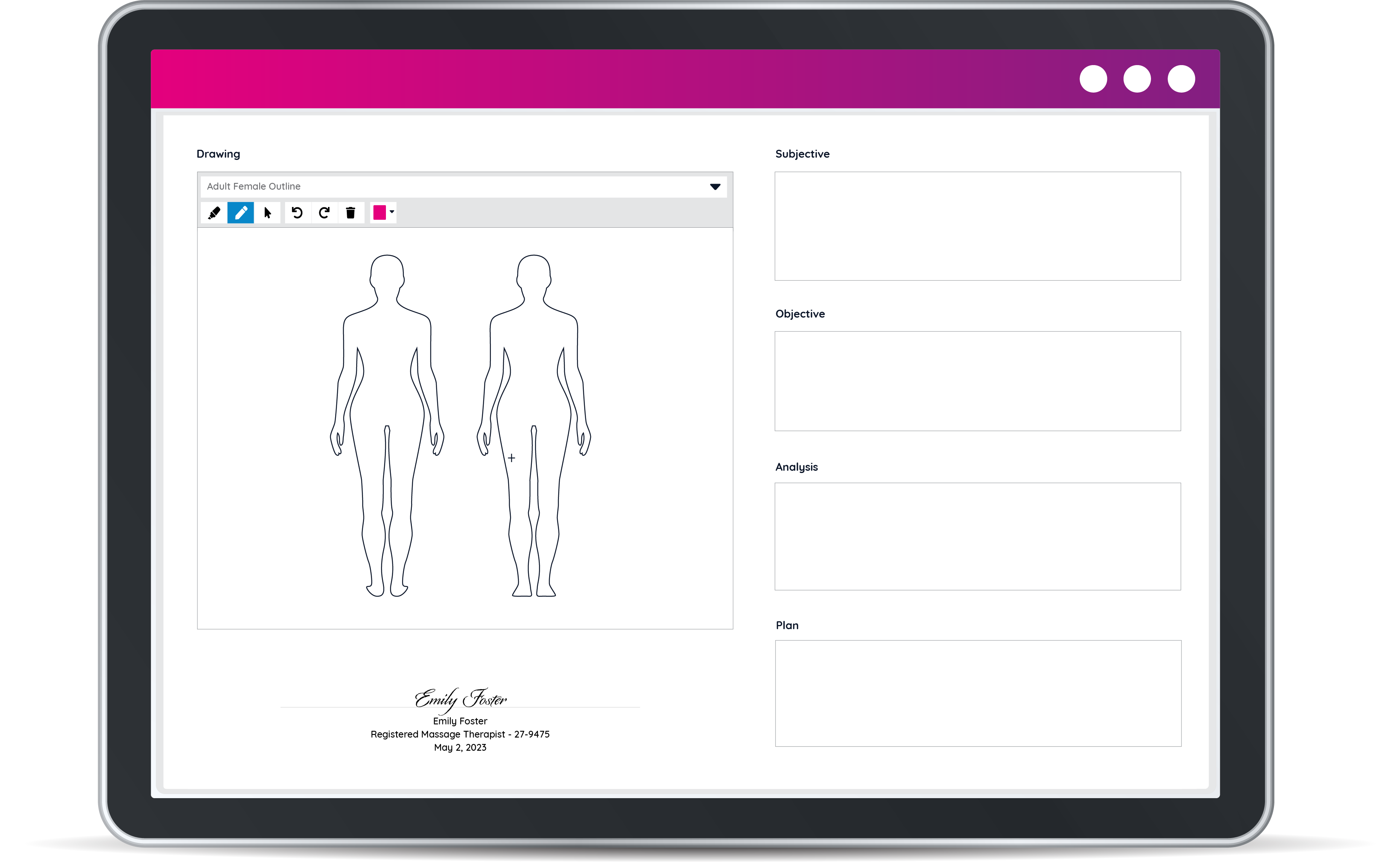 The empty SOAP charting file of an osteopath using GOrendezvous on an ipad