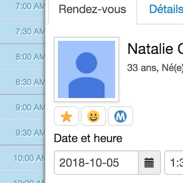 Un client GOrendezvous à qui est attribué une étiquette étoile, bonhomme sourire, et 'M'