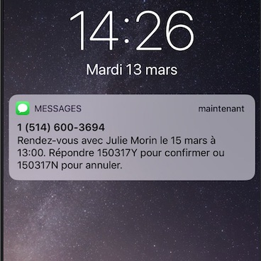 Exemple d'un message texte de notification d'un rendez-vous GOrendezvous