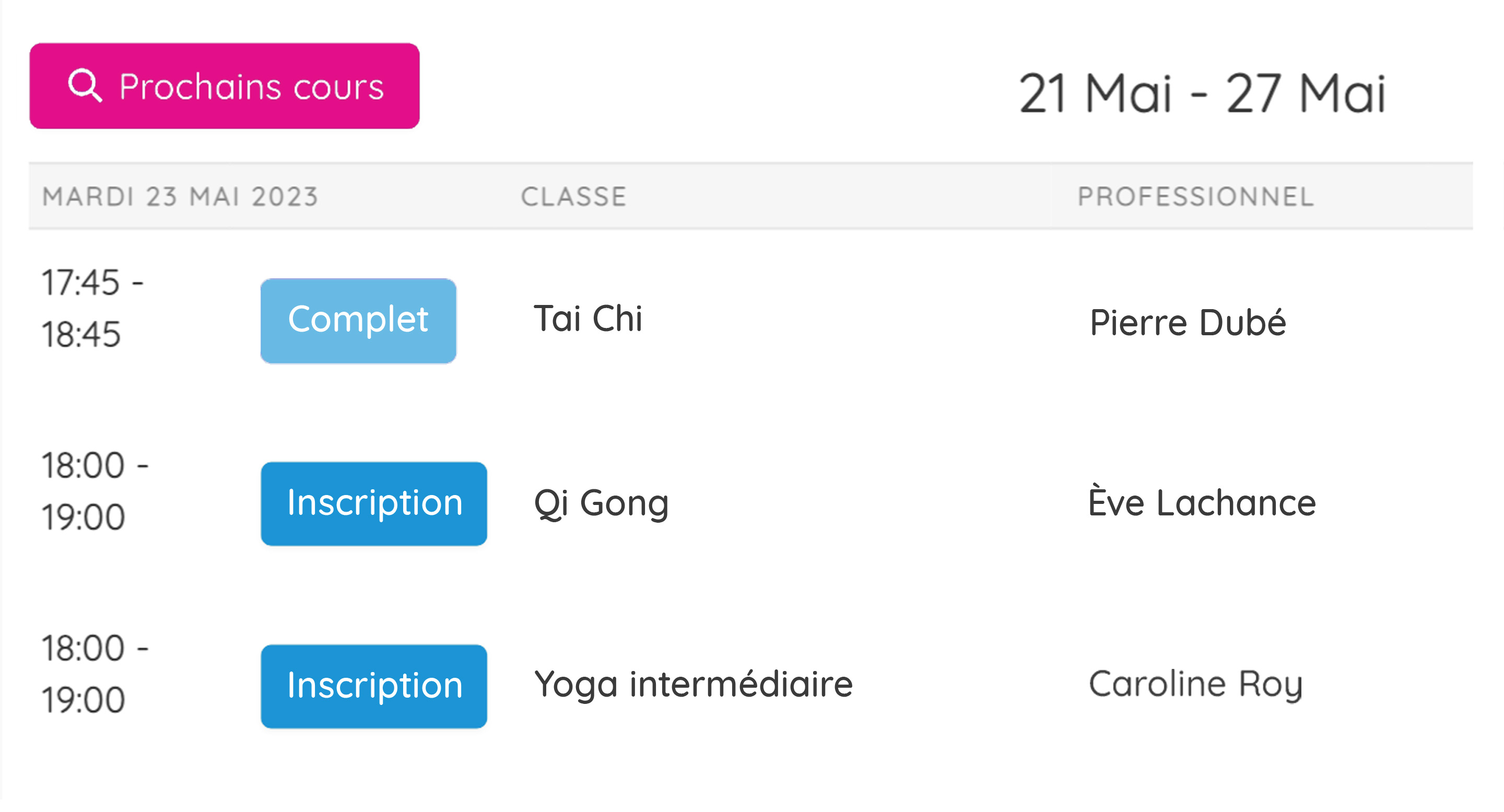 Les prochains cours pour un acupuncteur affichés sur la réservation en ligne de GOrendezvous