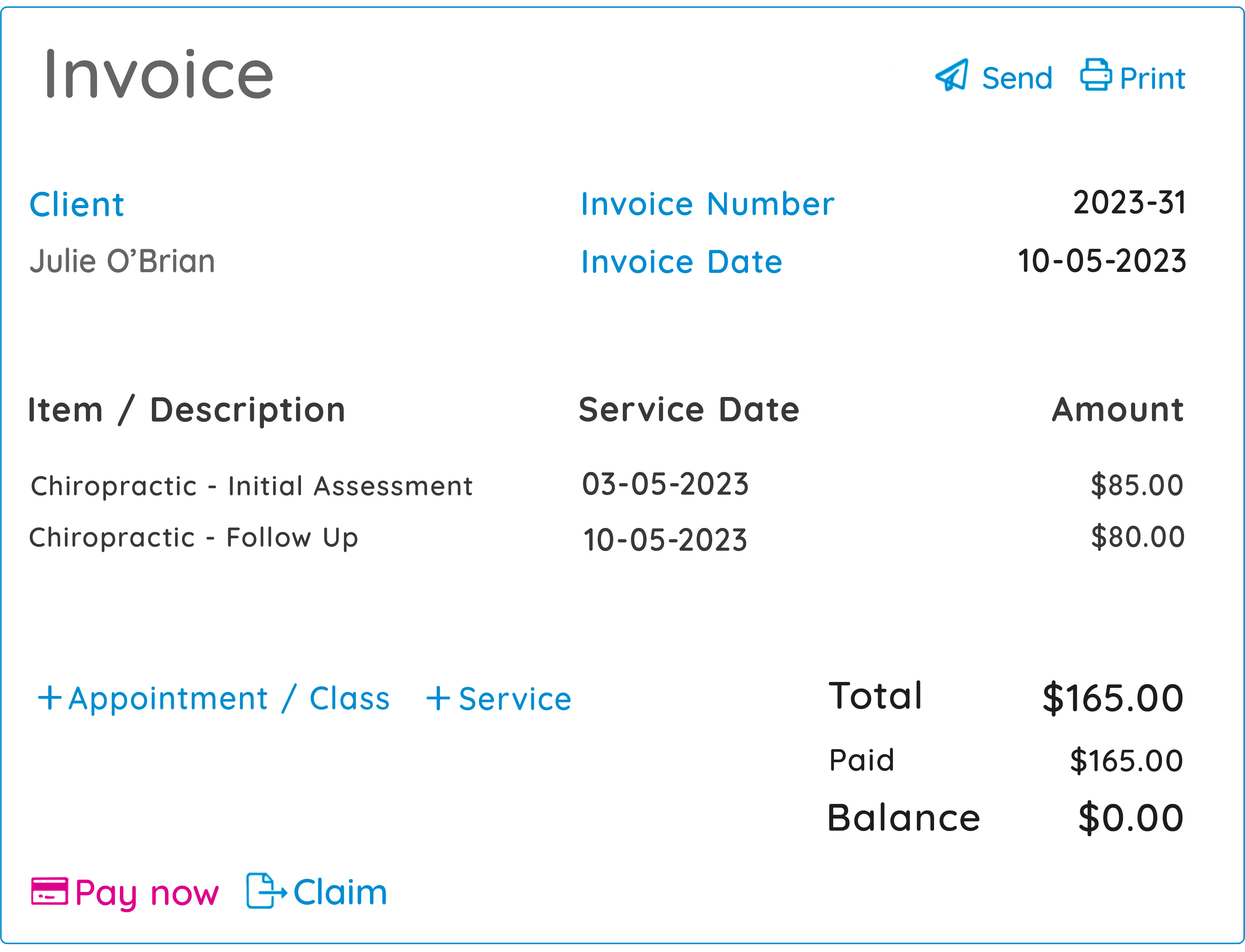 A GOrendezvous invoice for services rendered by a chiropractor