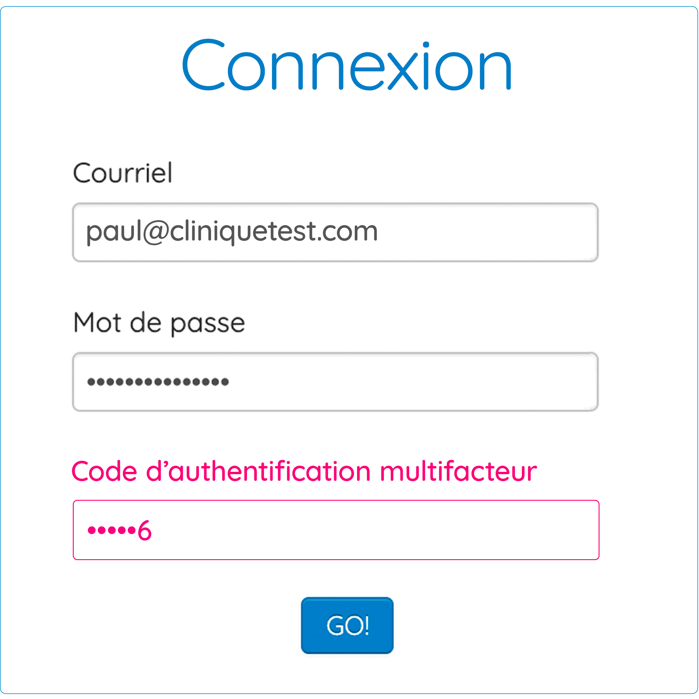 La page de connexion GOrendezvous demandant au professionnel de saisir un code multifacteur pour accéder à la plateforme