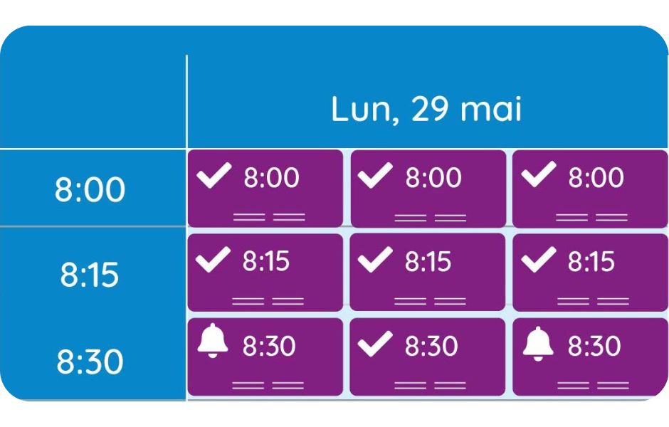 L'horaire GOrendezvous d'un chiropraticien où 3 rendez-vous d'ajustement sont planifiés en même temps