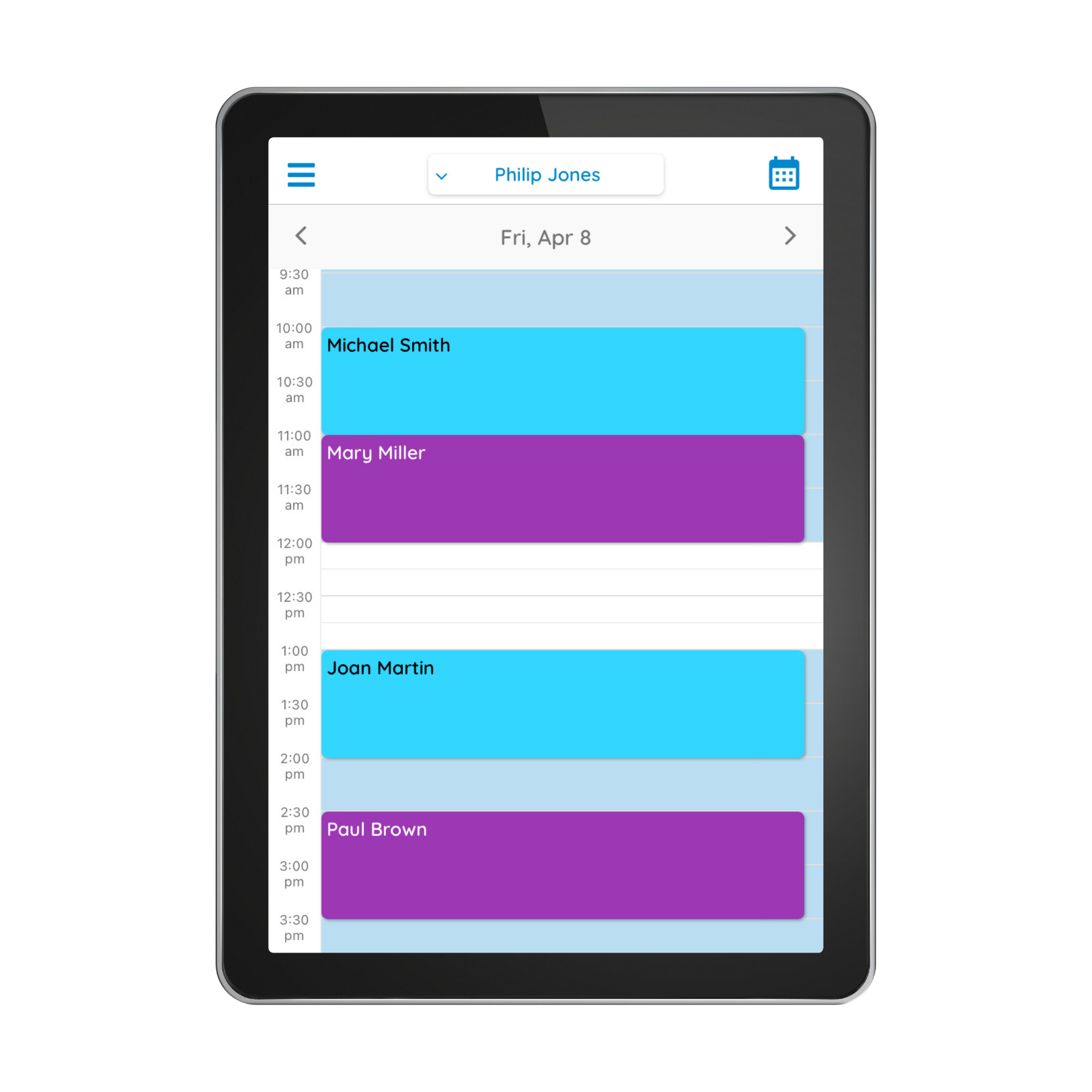 A professional's GOrendezvous schedule as seen on the mobile app from a tablet